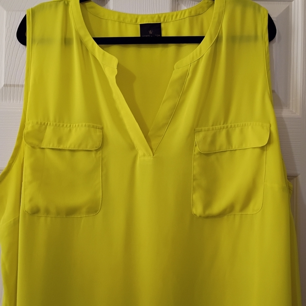 Worthington Vibrant Chartreuse Semi Sheer Yellow Sleeveless Blouse - Picture 3 of 6